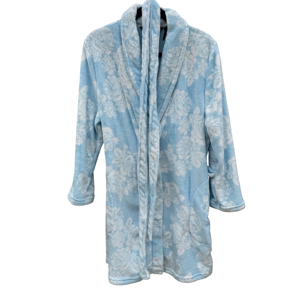 Noire Jasmine Rose Blue Floral Plush Fleece Robe Shawl Collar Large‎ Loungewear